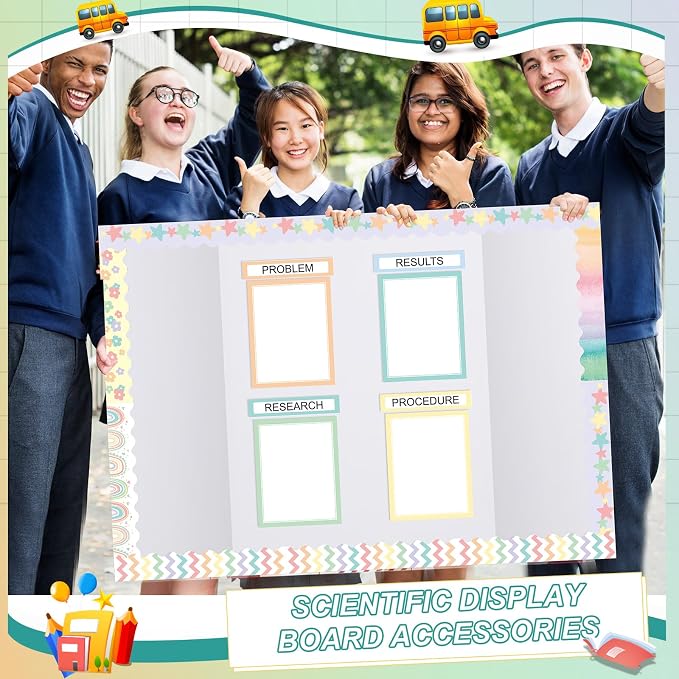Fuyoooo 90 Pcs Science Fair Board Supplies 60 Trim Scalloped Bulletin Board Borders 24 Presentation Board Subtitles 6 Science Fair Titles for Classroom Display Boards (Pastel)