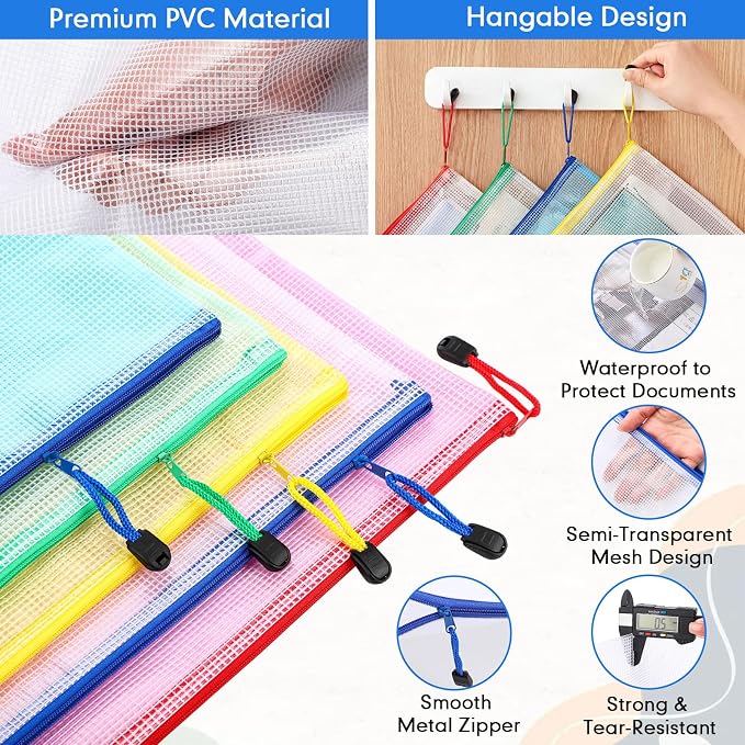 Zhehao 100 Pcs B4 Mesh Zipper Pouch Bag Bulk Mesh Pouch with Zipper Waterproof Clear Storage Bag for School Office Supplies Cosmetics Travel (Colorful, B4, 15 x 11 Inch)