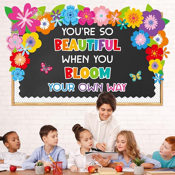 Spring Floral Bulletin Board Bloom Your Own Way Bulletin Board Decorations Inspirational Floral Butterfly Paper Cutouts for Summer School Office Home Nursery Chalkboard Wall Door Supplies