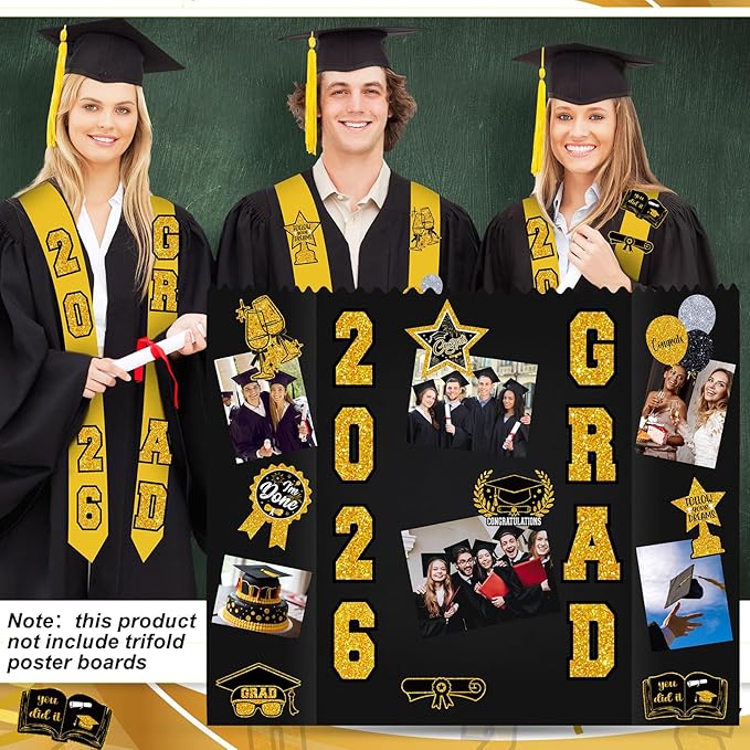 AmazingSpark 2 Sets Graduation Photo Display Board Trifold Poster Board with 12 Graduation Themed Stickers for 2026 Grad Party Decoration Picture Collage Frame Supplies (40 x 28,Black Gold)