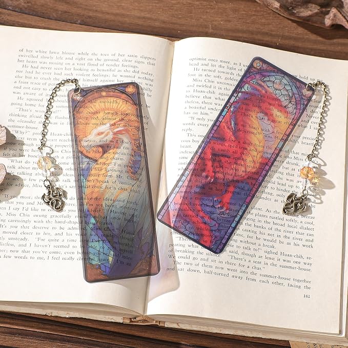 Fantasy Dragon Bookmark Gifts - 4 Pcs Cool Stained Glass Bookmarks for Men Novles Book Lovers Tassels Beaded Page Marks Books Merch Reading Accessories Bookish Gift for Birthday Back to School