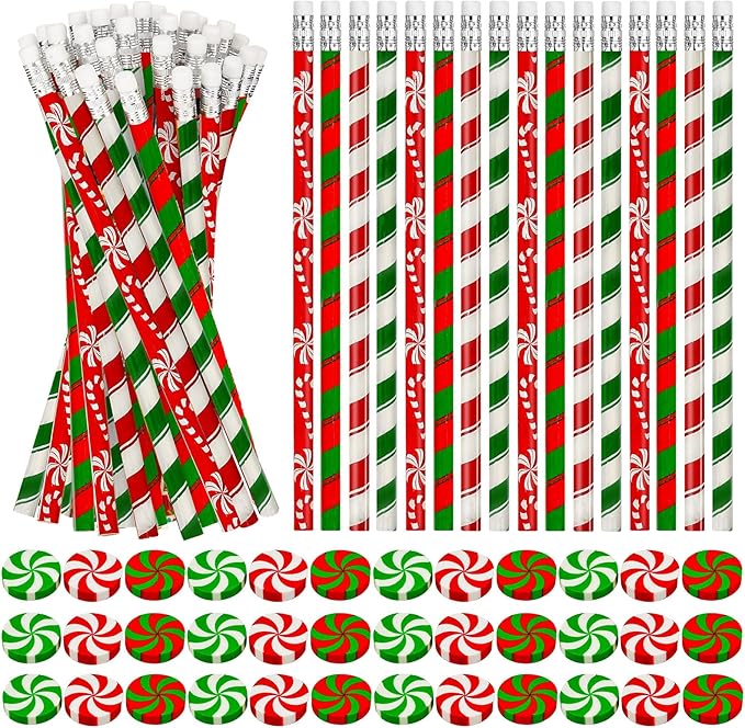 Cinrobiye 100 Pieces Christmas Pencils and Candy Cane Eraser Bulk,Xmas Stationery Pencil Christmas Eraser for Holiday School Party Favors Stocking Stuffers Classrooms Student Rewards Teacher Supplies