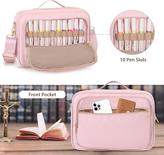Bible Cover Case for Women, Large Bible Church Bag with Strap, Bible Carrying Case Book Protector with Handle, Pink(Empty Bag Only)