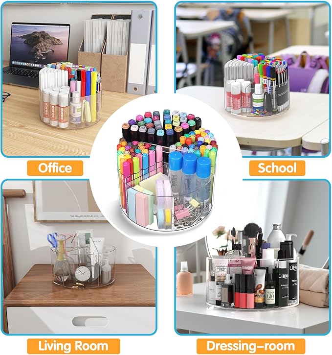 Mefirt Acrylic Pen Holder, 2 Pack 360 Rotating Organizer With 6 Compartments, Desk Office Storage for 800 Pens, Markers, Crayons and Art Supplies