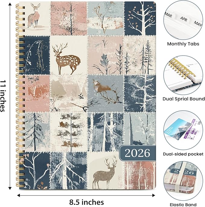 2026 Planner, Weekly and Monthly Calendar Planner Book, January 2026 - December 2026, Hardcover Spiral Planner with Monthly Tabs, Notes Pages, Perfect for Women & Men, A4 (8.5" x 11") - Deer