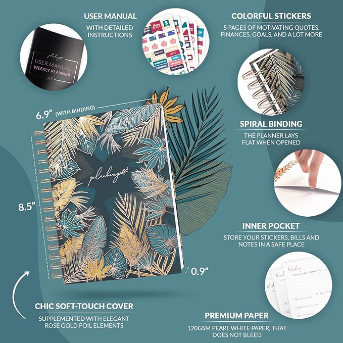 PLANBERRY Weekly Planner Premium – Undated Life Organizer & Budget Planner – Time Management, Goal Setting, To-Do List, Work-Life Balance & Habit Tracker – 6.9″ x 8.5″ (Tropical Forest)