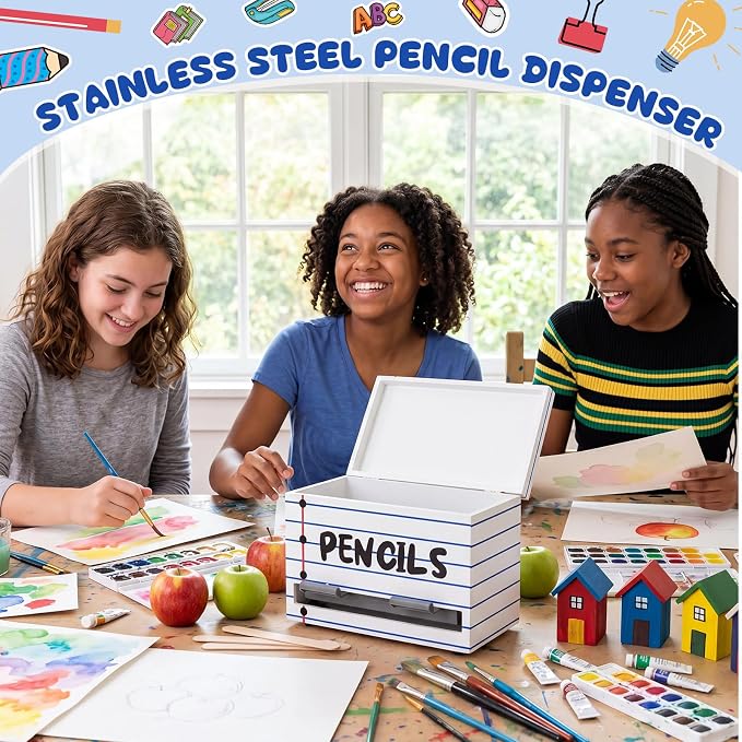 Yalikop 1 Pc Wooden Pencil Dispenser for Classroom Pastel Wood Pencils Holder for up to 200 Pencils Reusable Straw Dispenser for Home Office Teachers Supplies Storage (Stripe,Blue,White)