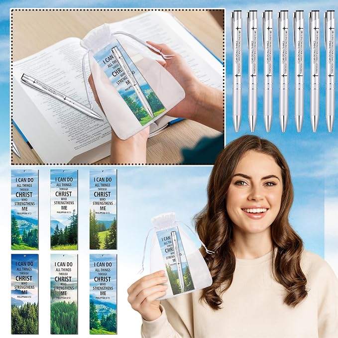 Dispowreath 24 Pcs/12 Sets I Can Do All Things Through Christ Bookmark Pen Set Include 12 Philippians 4:13 Bookmarks 12 Inspirational Religious Pens for Women Men Christian Gifts Church Party Supplies