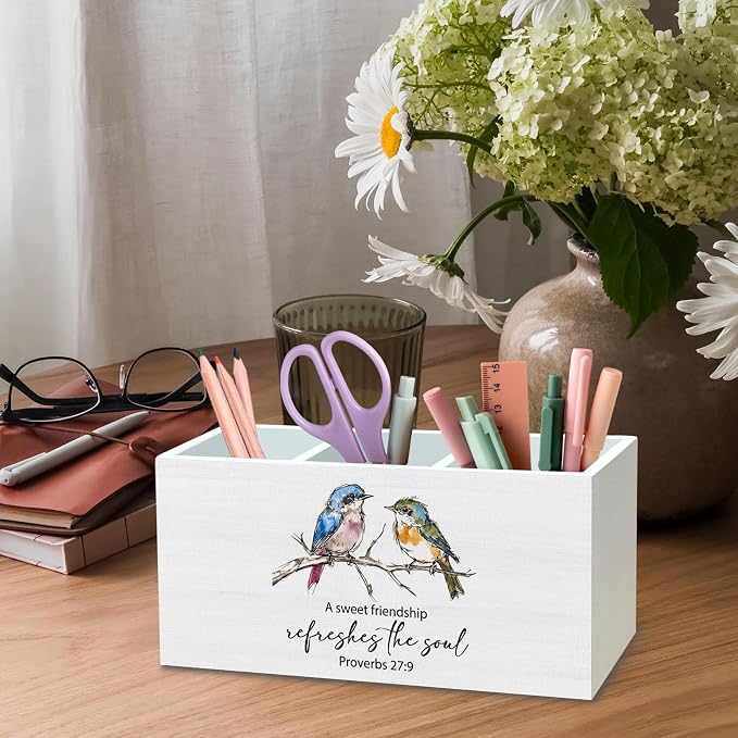 DILSJ Christian Bird Pen Pencil Holder Organizer for Desk, Christian Friendship Gifts for Women, A Sweet Friendship Refreshes the Soul Wooden Box Signs for Home Office Desk Decoration Supplies