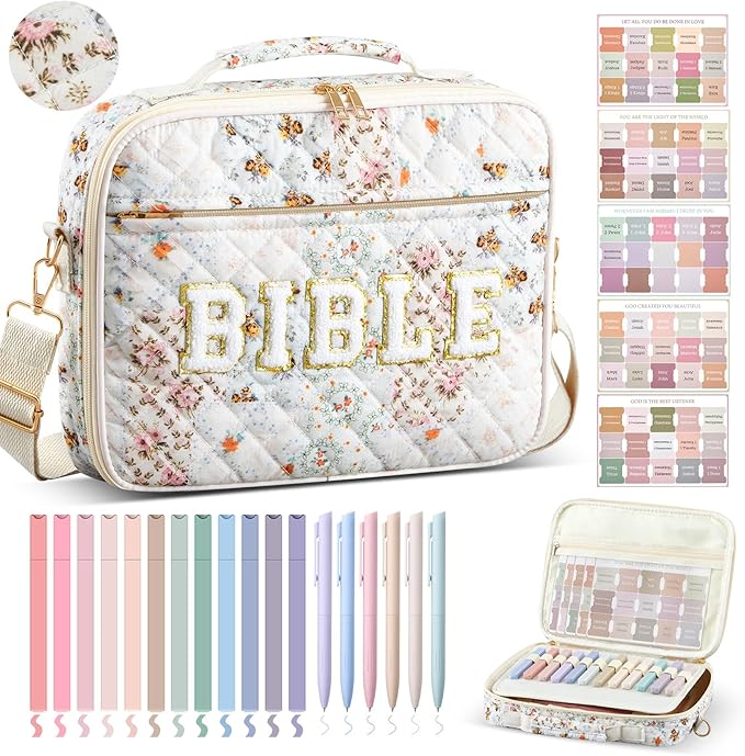 Sinload Quilted Bible Cover Case for Women 12 x 9 x 2.5 Inch Bible Chenille Letter Bag with Shoulder Strap Carrying Tabs 6 Colored Pens 12 Highlighters Christian Church Study Gifts(Colorful,Floral)