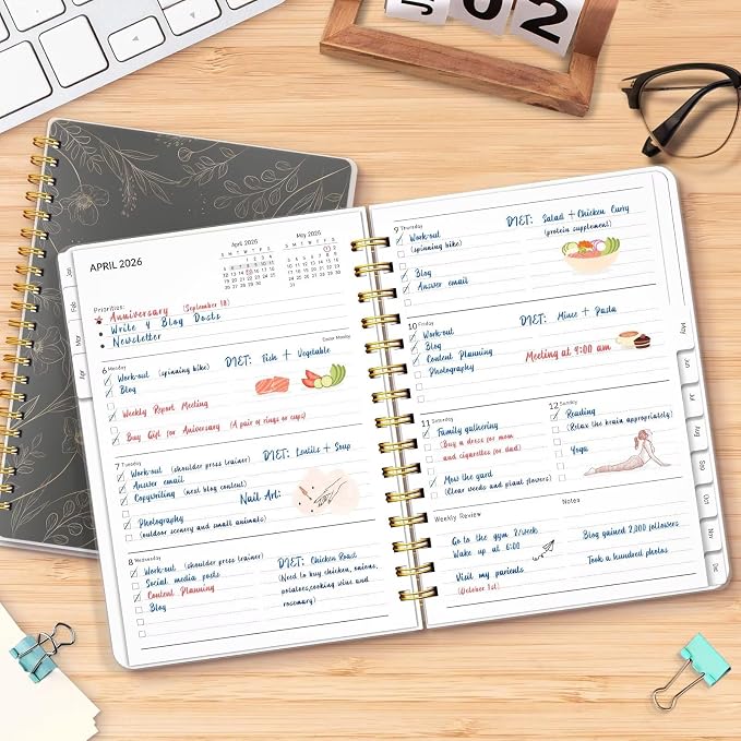 2026 Planner, Weekly and Monthly Planners with Tabs, A5 Spiral Bound Daily Calendar 2026 Planner, 12 Month Agenda Organizers from Jan. to Dec., Flexible Cover Appointment Book(Black Gold Flower)
