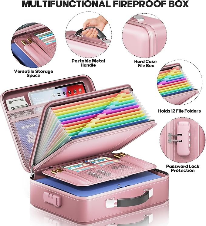 Fireproof Document Box, Hard Case Highly Flame-Resistant Fire Proof Waterproof File Organizer with Lock, Portable Fire Safe for Important Documents & Valuables Storage (Pink, ‎14"*11"*5")