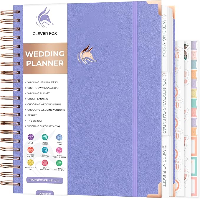 Clever Fox Wedding Planner – Notebook Organizer for Bride – Wedding Planning Binder Book with Pockets – Engagements Gift, 10x11″ (Lavender)