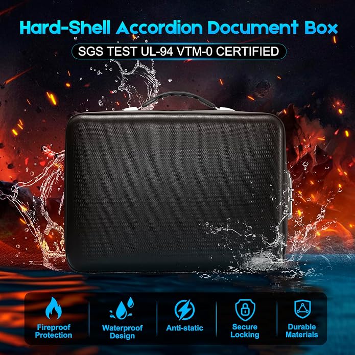 SEEKIND Fireproof Document Box with Lock, Hard-Shell Case File Organizer with Accordion File Folder, Multi-Layer Portable Home Office Travel Safe Box for Important Documents& Valuables (Black)