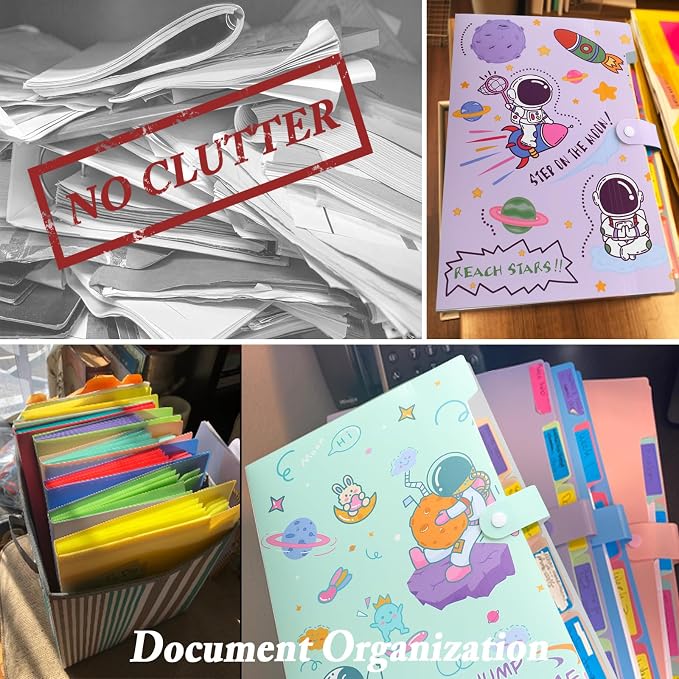 Cute File Folders, Expanding File Folders with 32 Labels, 5 Pocket File Organizer, Accordion File Organizer Letter Size for School, Office and Home - Astronaut Style Set of 4