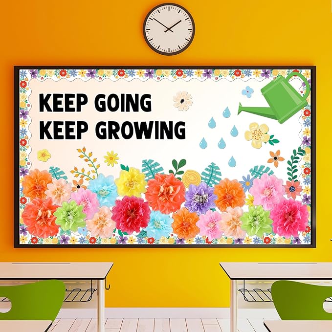3D Summer Wildflowers Bulletin Board Set Keep Going Keep Growing Bulletin Board Paper Flowers Classroom Decorations Floral Blackboard Border Sunflower Cutout for Back to School Classroom Wall Decor