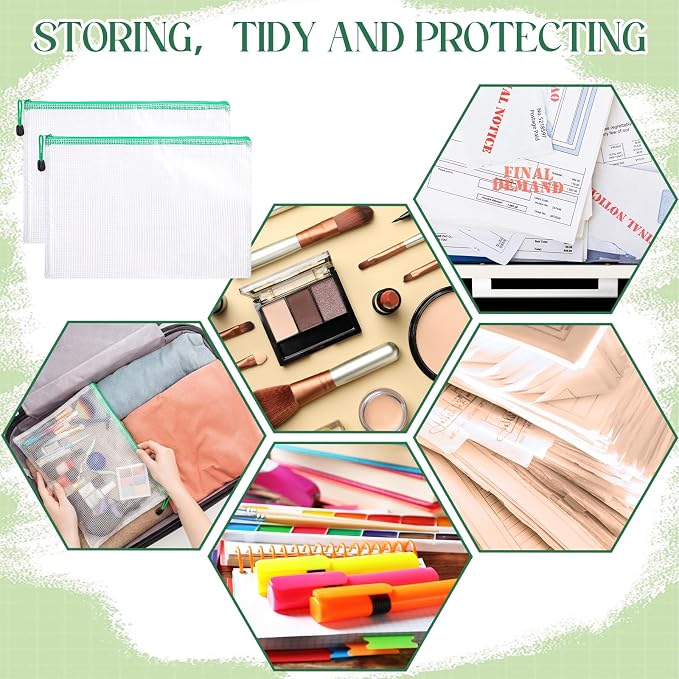 Zhehao 100 Pcs A4 Mesh Zipper Pouch Bag Bulk Mesh Pouch with Zipper Waterproof Clear Storage Bag for School Office Supplies Cosmetics Travel,13.19 x 9.45 in(Green)