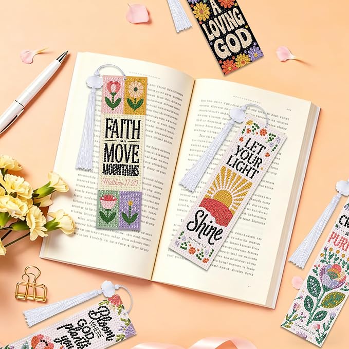 8 Pieces Christian Bible Verse Diamond Art Bookmarks 5d Christian Beaded Bookmark Acrylic Tassel Bookmark for DIY Making Beginners Adults Arts Craft Supplies (Boho Floral)