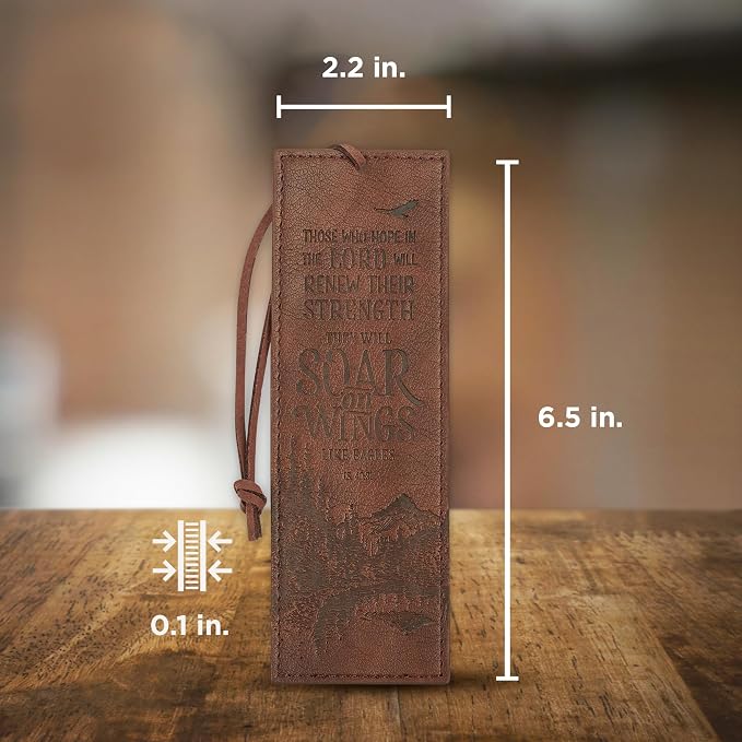 Christian Art Gifts Premium Vegan Faux Leather Scripture Bookmark for Men: Soar On Wings - Isaiah 40:31 Inspirational Bible Verse, Heat-Debossed, Faith-Based Reading Book Accessory with Cord, Brown