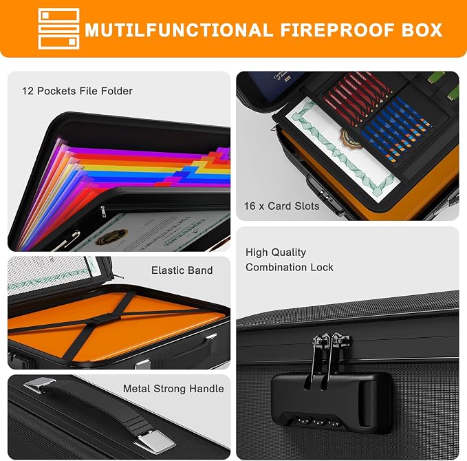 JUNDUN Fireproof Box,Hard Shell Fireproof Safe Box with Lock,Portable Fireproof Safe Storage Box for Letter Size Documents,files,Papers and Passport,Colourful, F880001C