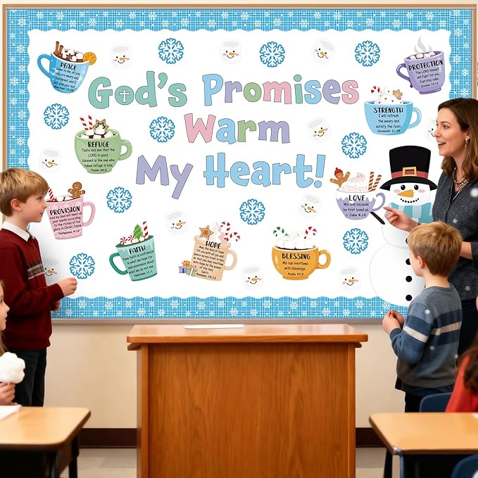 60 Pcs Winter Christian Bulletin Board Hot Cocoa Marshmallow Classroom Decoration God's Promises Warm My Heart Bulletin Board Snowflake Winter Christmas for Holiday School Office Wall Door