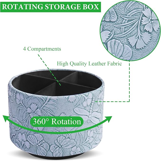 Round Leather Art Supply Organizer,Remote Control Holder,360-degree Rotating Pen Organizer with 4 Compartments(1-Butterfly Blue)