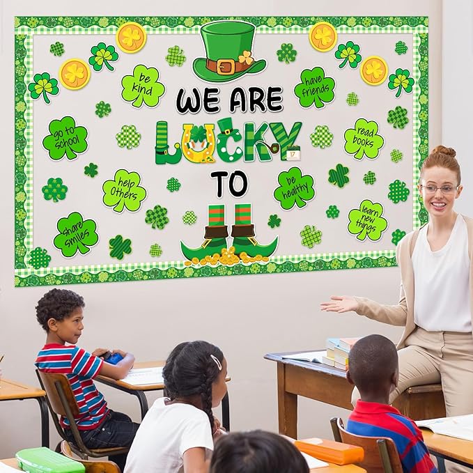 St. Patrick's Day Bulletin Board Set Inspirational Shamrock Classroom Decoration Lucky Shamrock Bulletin Board Leprechaun Gold Coin Cutouts for Irish Holiday Classroom Nursery Chalkboard Wall Decor