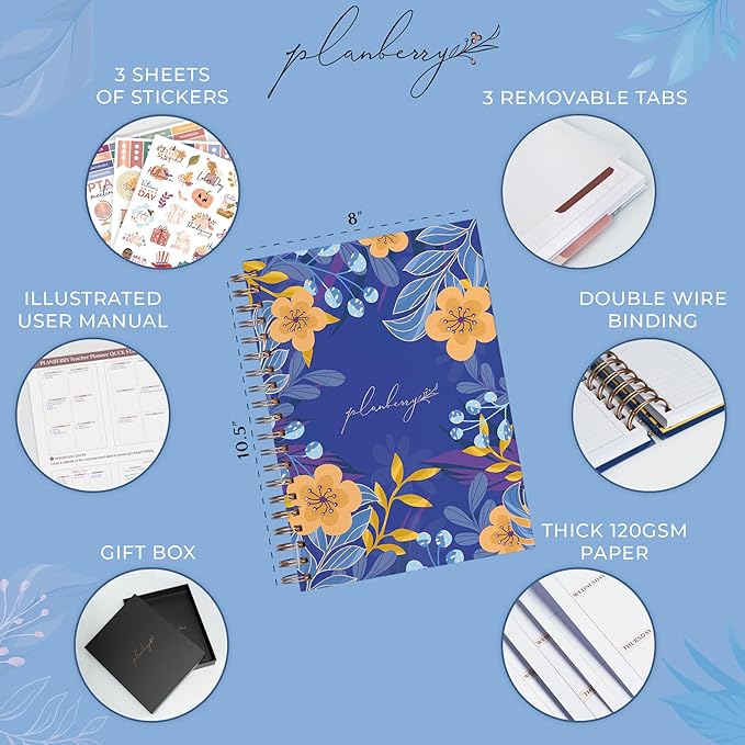 PLANBERRY Teacher Planner – Undated School Year Plan Book for Teachers with Calendars & Lesson Plans – Planner for Classroom Organization & Homeschool – 8”x10.5” Hardcover (Golden Violets)
