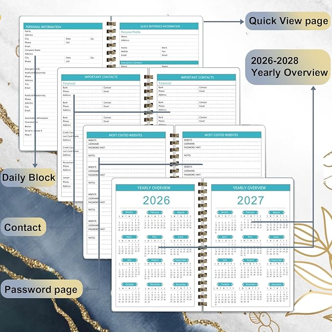 2026-2028 Monthly Planner/Calendar - 3 Year Monthly Planner 2026-2028, January 2026 - December 2028, Academic Weekly Organizer with Twin-Wire Binding for Students and Teachers(Golden Flower)