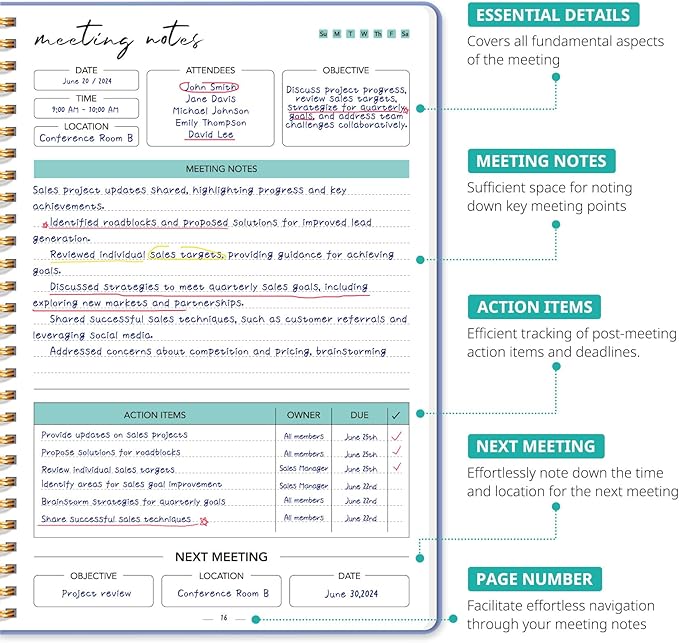 Meeting Notebook for Work Organization - Work notebook with action items, Meeting Minutes Planner Notebook, Perfect Office Supplies for Men & Women - Lavender