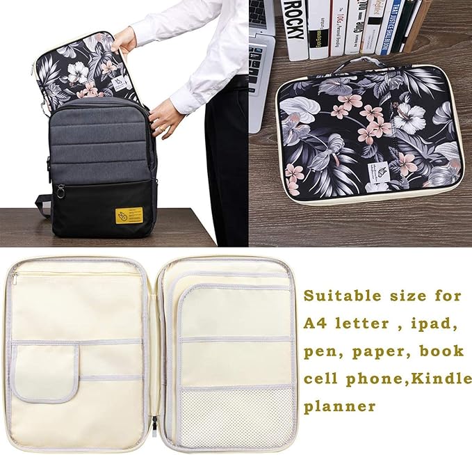 JAKAGO A4 Travel Portfolio Multifunctional Document Organizer Zippered Case for Office Supplies (Mulberry White)