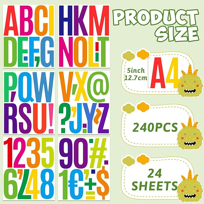240Pcs 5 Inch Bulletin Board Letters Large Letter Stickers Colorful Vinyl Alphabet Stickers Numbers and ABC Cutouts Letters for Post Board Chalkboard Crafts Classroom Decoration (Colorful, 5 Inch)
