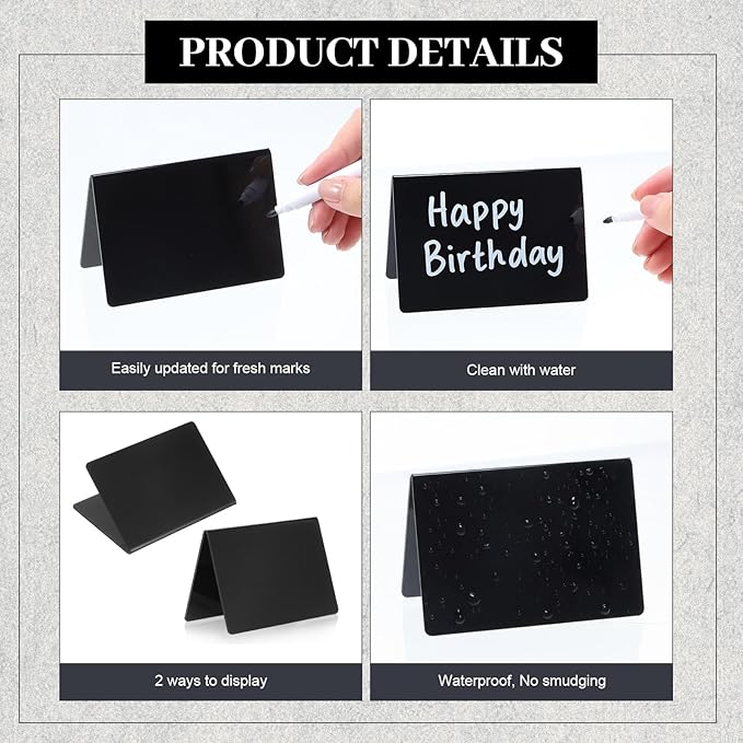 Outus 12 Pcs 4 x 3 Inches Buffet Food Labels Mini Small Chalkboard Signs Black Acrylic Food Markers Little Price Signs with 2 Pcs Erasable Marker for Wedding Birthday Bakery Table Display