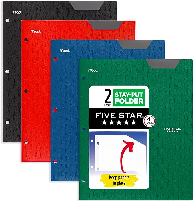 Five Star 2-Pocket Folder, 4 Pack, Plastic Folder with Stay-Put Tabs and Prong Fasteners, Fits 3-Ring Binder, Holds 8-1/2" x 11” Paper, Black, Fire Red, Forest Green, Pacific Blue (38049)