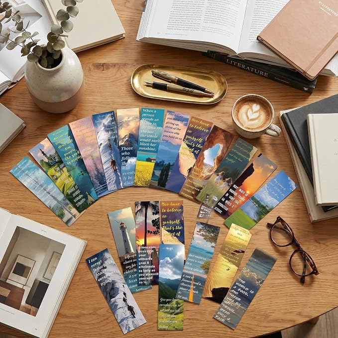Wxiben Scenery Inspirational Bookmarks Gifts - 90 Pcs Natural Paper Bookmarks Motivational Quotes Book Marks Page Marker Clip for Women Men Book Lovers Office Bookish Reading Accessories