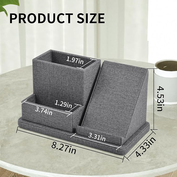 Multi-Function Pen/Pencil Holder-Linen Leathe Excellent Cell Phone Touch Screen Solution Holde-Business Card Holder/Sticky Note Tray,Desk Organizer for Office Supplies,Desktop Caddy,Grey