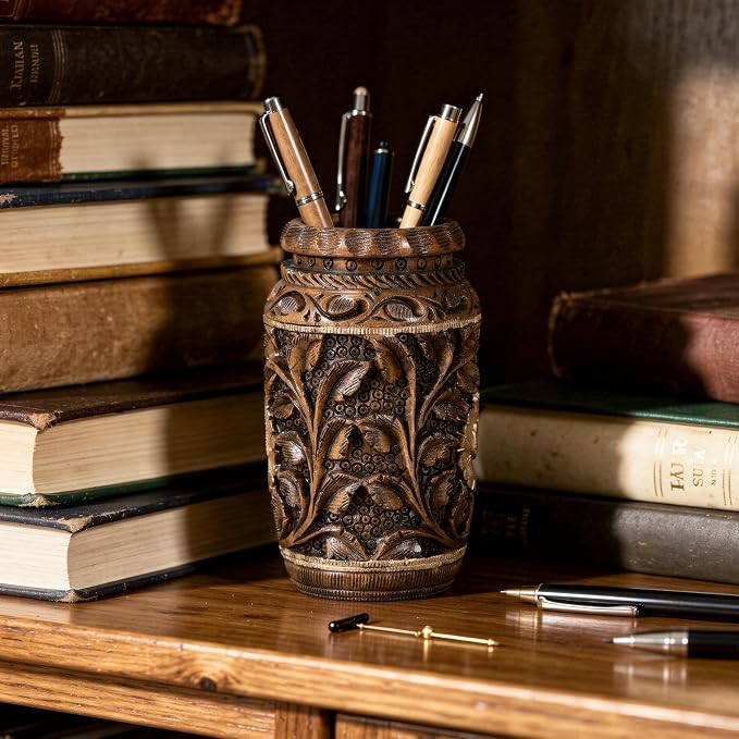 Craft Trade Hand Carved Wooden Pen Holder & Pencil Cup, Natural Wood Desk Organizer Storage Box - Leaf Maroon