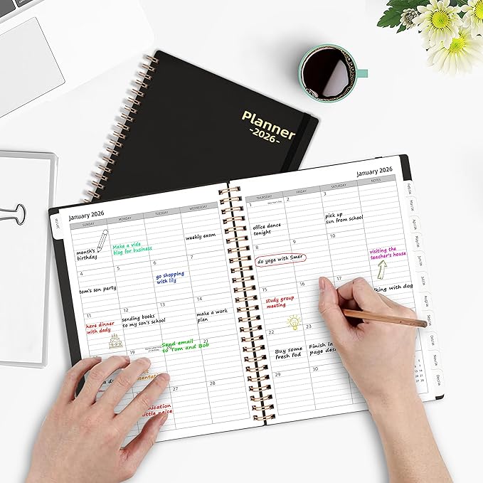 Daily Planner 2026, 2026 Planner Weekly and Monthly, Jan 2026-Dec 2026, 6.2" x 8.4", Agenda Day Planner with Tabs & Pocket, 100GSM Thick Paper, Black