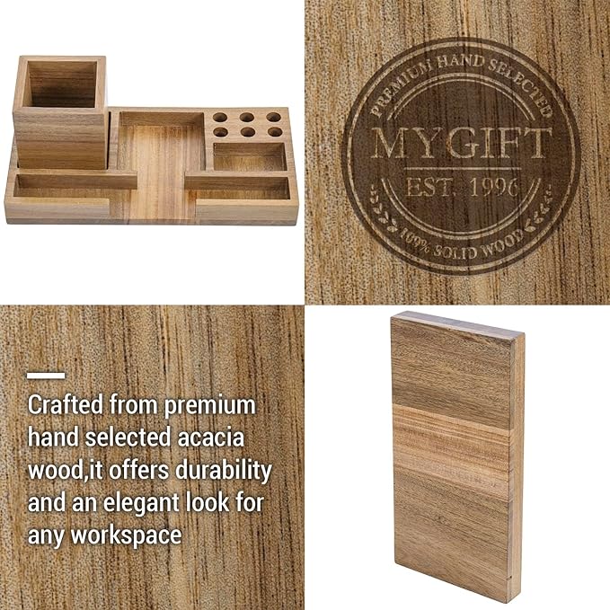 MyGift Wood Desk Tray Desk Organizer Office Desktop Pen Holder Sticky Note Holder Acacia Solid Wood Storage Tray