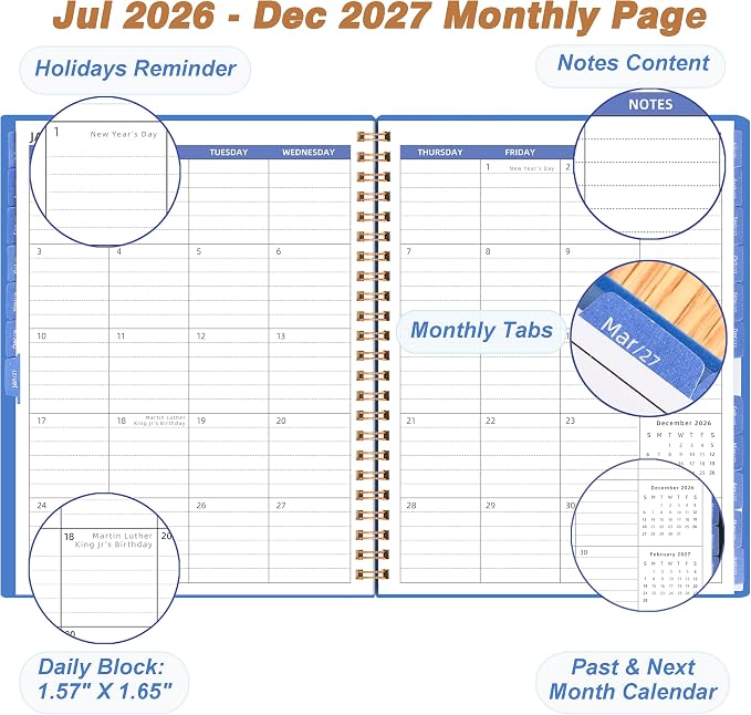 2026-2027 Monthly Planner 7.4'' x 9.6'', 18 Months Jul 2026–Dec 2027, Academic Agenda with Pocket, 120GSM Thick Paper, Waterproof PP Cover, Twin-Wire Binding, Blue