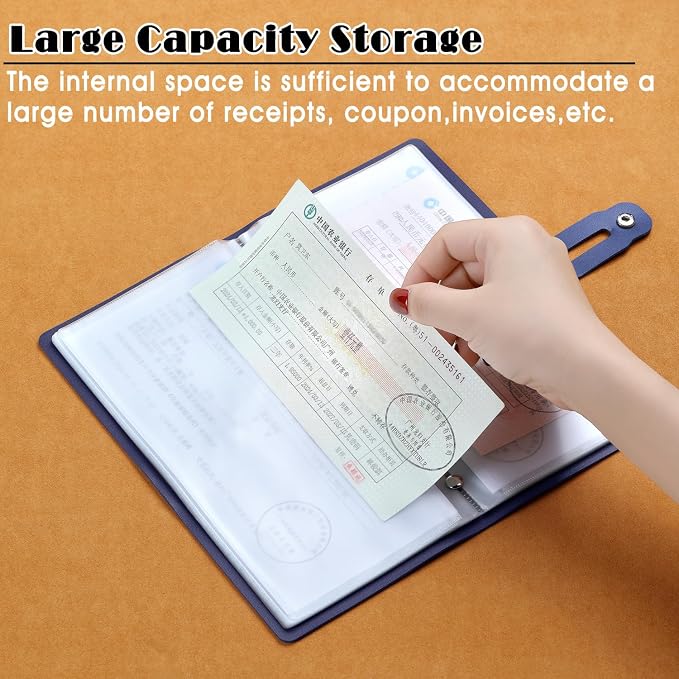 Leather Receipt Organizer, Portable Receipt Holder for Travel, Daily Coupon Organizer with 20 Pockets and 12 Card Slots to Keep Receipts and Coupons Organized, Prevent Loss and Damage (Blue)