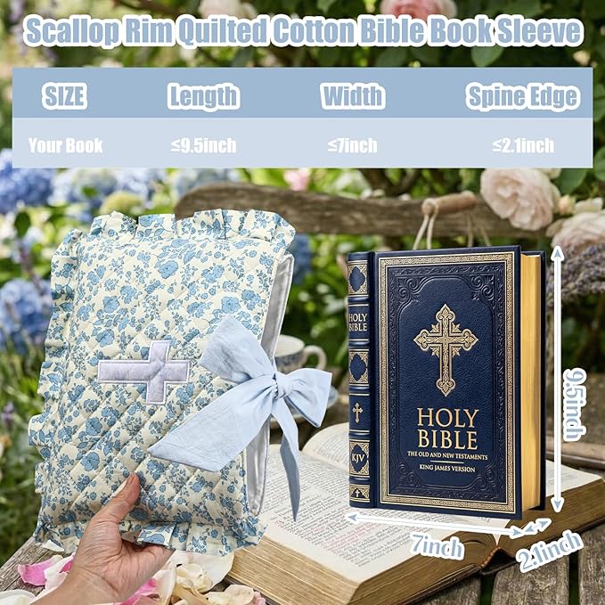 Honoson Quilted Bow Bible Sleeve Cover Case Padded Protector Washable Bible Bag Pouch Christian Gift for Women Girls Book Lover Gifts(Blue Floral Cross)