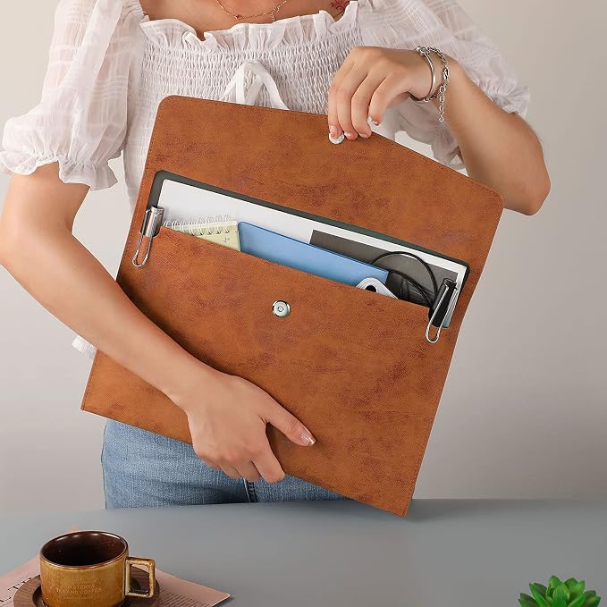 PU Leather A4 File Folder Document Holder Waterproof Portfolio Envelope Folder Case with Snap Closure Brown