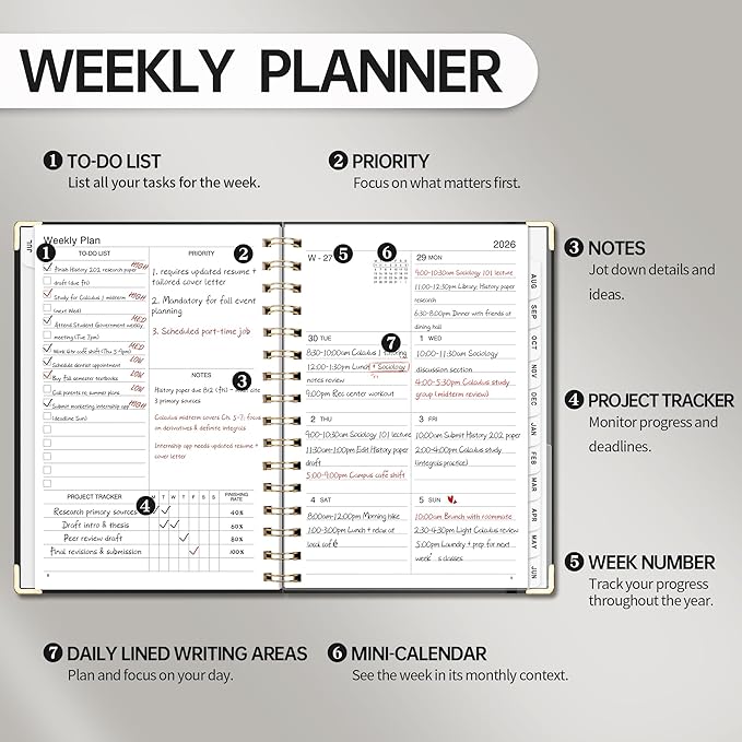 Academic Planner 2026-2027, Weekly and Monthly, A5 Size (5.7" x 8.3"), July 2026 - June 2027, To-do List for Tracking, for School, Home, Office, Hardcover, 12-Month Tabs (Black)