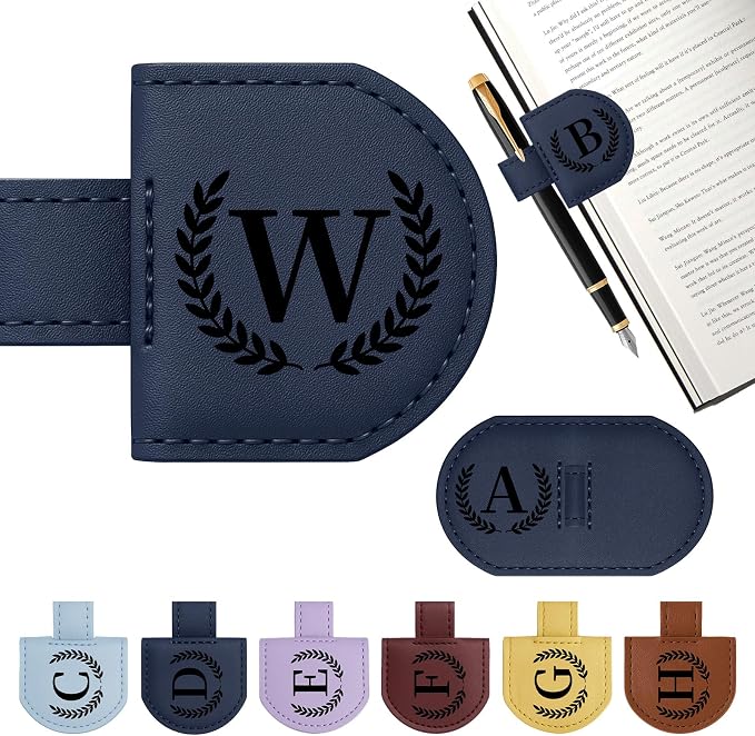 Personalized Magnetic Bookmark Pen Holder, Leather Book Marks for Reading Women& Men, Engraving 26 Letters Name Initial Bookmarks with Pencil Pen Holder, Gift for Book Lovers, Readers (Dark Blue, W)