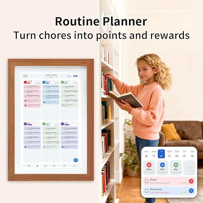 Digital Calendar & Smart Chore Chart, 10.1'' Touchscreen Family Organizer with Multi-Calendar Sync, Reward System, Photo Frame Mode, Desk or Wall Mount, Teak, No Subscription