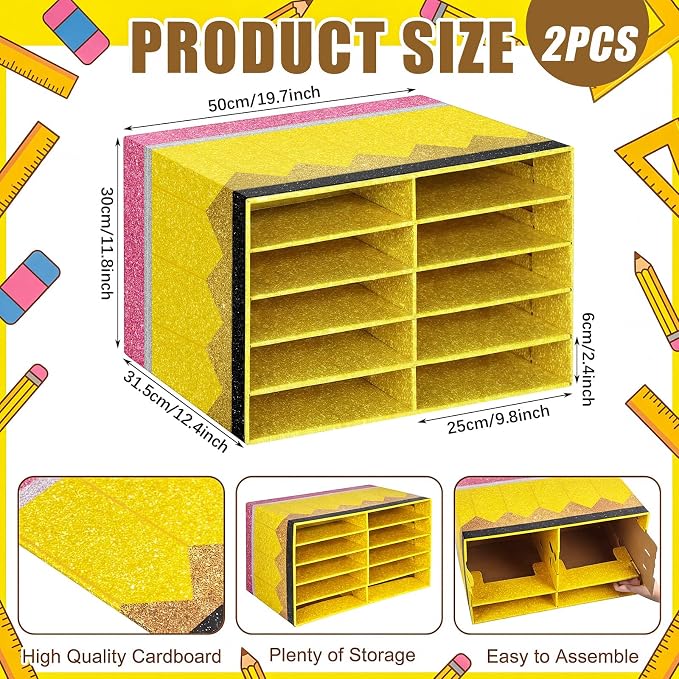 Colingmill 2 Pcs Pencil Classroom Paper Storage Organizer Construction Paper Storage Desktop Mailbox File Sorter Literature Cardboard Organizer for Home Office School, 19.7 x 12.4 x 11.8 Inch