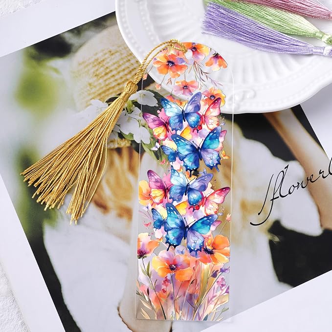 Dazoratix Butterfly Bookmark Making Kit - 60 PCs Floral Acrylic Bookmarks Blanks with Tassels Flower UV DTF Transfer Stickers DIY Craft Projects Clear Transparent Marks Tags for Women Book Lovers Gift