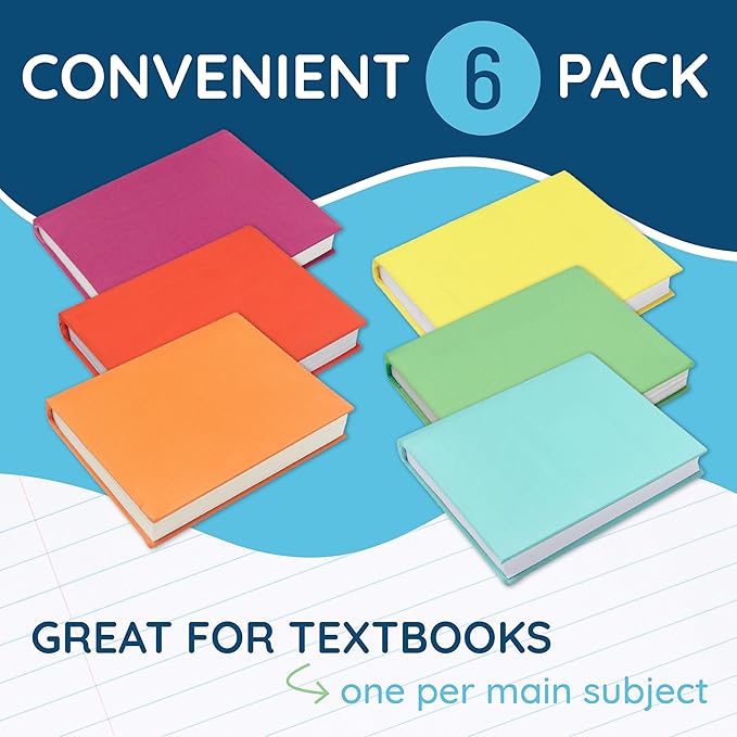 Blue Summit Supplies 6 Stretchable Book Covers for Hardcover Books, Up to 10 inch by 12.5 inch Books, Colorful Fabric Book Cover for Classroom Textbook Protection and Care, Assorted Colors, Stretchy