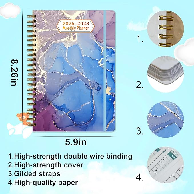 2026-2028 Monthly Planner/Calendar - 3 Year Monthly Planner 2026-2028, January 2026 - December 2028, Academic Weekly Organizer with Twin-Wire Binding for Students and Teachers (Dark Blue Marble)